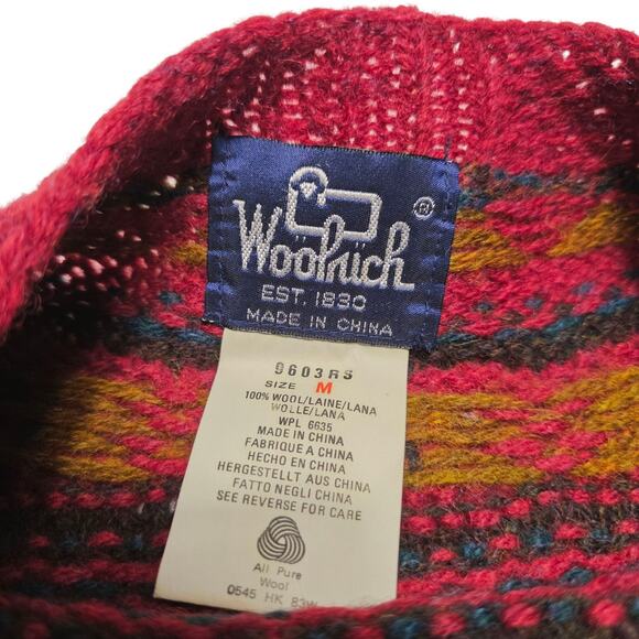 Vintage Woolrich Red Patterned Pure Wool Men's Sweater Size Medium 90's - Picture 4 of 7